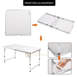 CASARIA® Klapptisch höhenverstellbar faltbar Campingtisch klappbar Balkon Garten Tisch klein Outdoor wetterfest stabil aufklappbar 120x60cm, Farbe:weiß