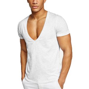 Einfarbiges Herrenhemd Mit Tiefem V-Ausschnitt Aus Baumwolle, Lässiges Kurzarm-T-Shirt,Farbe: Weiß,Größe:XXL