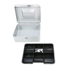 Geldkassette mit 2 Schlüssel, herausnehmbarer Hartgeldeinsatz aus robustem Kunststoff, 6 Fächer, 1 Geldscheinfach, silber