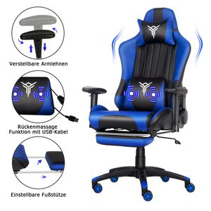 Puluomis Massage Gaming Stuhl Bürostuhl Racing Computerstuhl höhenverstellbarer Stuhl mit Kopfstützen (Schwarz & Blau)