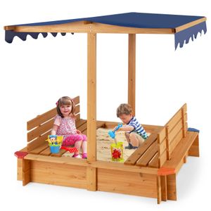 COSTWAY Sandkasten mit Dach, 120 x 120 cm aus Zedernholz, Sandbox groß mit 2 umwandelbaren Sitzbänken