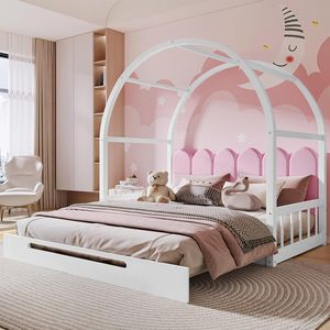 Fortuna Lai dětská postel 140x100cm/140x200cm rozkládací postel Rozkládací postel s ochranou proti pádu a zámkovou střechou, masivní dřevo jednolůžko a dvoulůžko dětský domeček, postel pro mládež, bílá barva