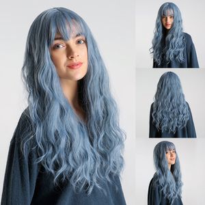 Hochtemperatur Faser Blau lange lockige Bang Perücke Frauen Cosplay Party Haarteil