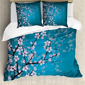 ABAKUHAUS japanisch Bettbezugs Set Für Doppelbetten, Frühling Sakura Blumen, Milbensicher Allergiker geeignet mit Kissenbezügen, Teal Rosa