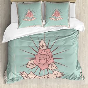 ABAKUHAUS Blau und Pink Bettbezug Set für Einzelbetten, Vintage Rose und Liebe, Milbensicher Allergiker geeignet mit Kissenbezug, 155 cm x 220 cm - 80 x 80 cm, grau Senf