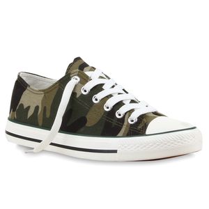 Mytrendshoe Sportliche Damen Low Sneakers Prints Bequeme Schnürer Schuhe 76387, Farbe: Camouflage, Größe: 36
