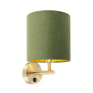 QAZQA - Modern Enge Wandlampe Gold I Messing mit grünem Samtschirm - Matt I Wohnzimmer I Schlafzimmer - Stahl Rund - LED geeignet E27