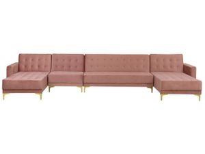 BELIANI Sofa Rosa Samtstoff U-Förmig Wohnlandschaft Schlaffunktion Klassisch Wohnzimmer