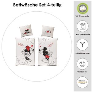 Partner-Bettwäsche Set Disney Classic Mickey und Minnie Mouse in Love Größe 135 x 200cm 80 x 80cm 100% Baumwolle Weiss Rot Wende-Bettwäsche (4-TLG)