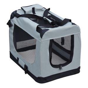 Fudajo Faltbare Transportbox für Hunde, Katzen M (60x42x44cm), robust, leicht, sicher, Hundebox mit Tragegriff und Decke, Grau