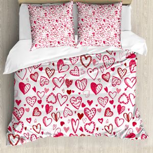 ABAKUHAUS Liebe Bettbezug, Valentine Hearts Pfeil, Milbensicher Allergiker geeignet mit Kissenbezügen, 155 cm x 220 cm - 80 x 80 cm, Magenta Ruby-Weiß