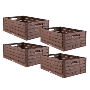 Stabile Faltbox "4er Pack" Holzdesign 60 x 40 x 21,8cm ( LxBxH ) Stapelbarer Faltbarer Einkaufskorb 45L - Robuste Klappkiste - Gemüsekiste Obstkiste