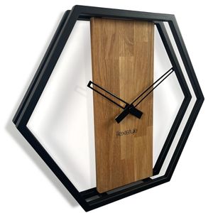 Wanduhr groß XXL Hexagon Holz Eiche LOFT schwarz Industrial modern 50cm Durchmesser ohne Ticken