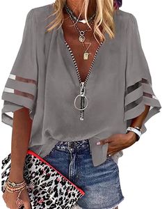ASKSA Damen Bluse 1/2 Glockenärmel mit Netzstoff Tunika Elegant Reißverschluss Locker Hemd T-Shirt V-Ausschnitt Shirts Oberteile, Grau, XL