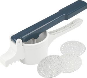 Fackelmann Spätzlepresse Easyprepare, Kortoffelpresse mit 3 austauschbaren Lochscheiben, Presse mit 4 verschiedenen Auflagehaken, hochwetiger Kartoffelstampfer (Farbe: Weiß / Blau-Grau), 1 x 4 Teile