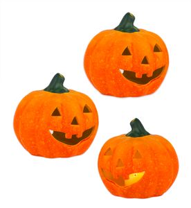 Halloween-Kürbis Windlicht groß - 13x14 cm - Zierkürbis als Herbstdeko - Aus Keramik - Mit Öffnung für Teelichter - Mottoparty-Deko : 3 Stück