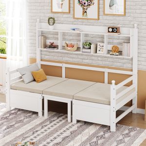 Flieks Tagesbett Holzbett Schlafsofa 90x200cm mit Kissen und Regal, Schreibtisch mit Kissen, Daybed Jugendbett Kinderbett Gästebett, Weiß