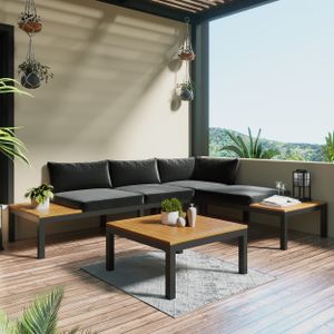 Merax Súprava záhradného nábytku 4-dielna súprava na sedenie z agátového dreva a oceľového rámu, súprava balkónového nábytku so stolom a vankúšmi, 250*172*67 cm