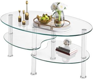 GOPLUS Couchtisch Glas, Glastisch Oval, Beistelltisch Sicherheitsglas, Kaffeetisch 3-Etagen-Design, Wohnzimmertisch Metallrahmen, 98 x 58 x 42 cm