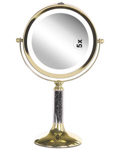 BELIANI Schminkspiegel Gold Eisen rund doppelseitig drehbar mit LED Licht Ständer 5-fach Vergrößerung Klassisch Kosmetikspiegel Tischspiegel