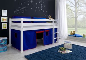 Relita Halbhohes Spielbett ALEX Buche massiv weiß lackiert mit Stoffset Vorhang , blau/rot