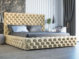Čalúnená posteľ GRAINGOLD Glamour 180x200 cm Heaven - posteľ Chesterfield s lamelovým roštom - veľká zásuvka, velúrová látka - béžová (Monolit 04)