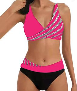 ASKSA Damen Bikini Set Push Up Zweiteiliger Streifen High Waist Badeanzug Sport Bademode, Hot Rosa, L ASKSA Damen Bikini Set Push Up Zweiteiliger Streifen High Waist Badeanzug Sport Bademode, Hot Rosa, L