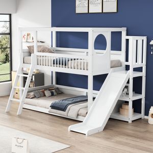 Flieks Etagenbett 90x200cm mit Rutsche, Kinderbett mit Rausfallschutz und Leiter, Hochbett mit Lattenrost, Stockbett Holzbett Hausbett 2 Kinder, Weiß