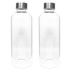2er Set Trinkflasche aus Glas 1 Liter Deckel aus Edelstahl auslaufsicher
