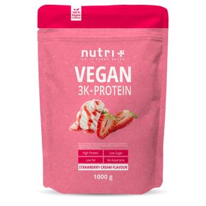 Protein Vegan 1kg - pflanzliches Eiweiß - Nutri-Plus 3k-Proteinpulver - Veganes Eiweißpulver ohne Laktose & Milcheiweiß - Erdbeere-Sahne