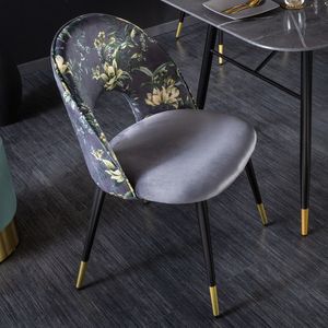 riess-ambiente Design Stuhl PRÊT-À-PORTER grau Samt florales Muster und goldene Fußkappen Esszimmerstuhl Essstuhl