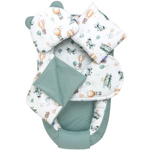 JUKKI Baby Nest 5ks BAVLNENÝ SET pre novorodencov [ BALÓNOVÝ TRAVEL ] 2 strany 100x55cm detské hniezdo + matrac + deka + 2xpoduška