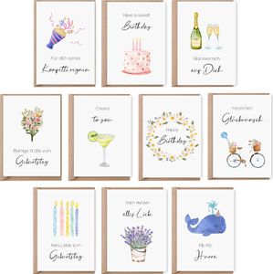 10 Glückwunschkarten Geburtstag im Set inkl. Umschläge | Aquarell