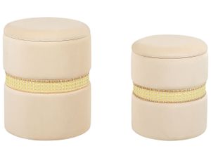 BELIANI Pouf 2er Set Creme Samtstoff mit Stauraum Wiener-Geflecht Rund 34 cm und 30 cm Modern Deko Ottomane Sitzpouf für Schminktisch Ankleidezimmer