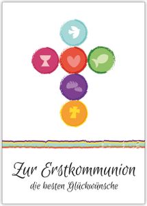 Frische moderne Kommunions Karte mit Kreuz aus Symbolen: Zur Erstkommunion die besten Glückwünsche
