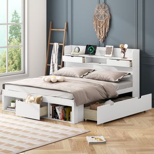 Merax Jugendbett 180x200cm mit USB und Schubladen, Holzbett mit Stauschrank, Kinderbett Doppelbett mit Lattenrost, Stauraumbett Funktionsbett, Weiß