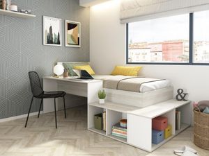 Kombi-Bett 90 x 200 cm mit Stauraum & Schreibtisch + Lattenrost - Holzfarben & Weiß - RIGALI