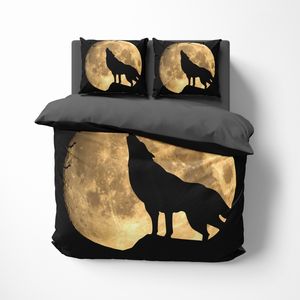 FEBE 3D Bettwäsche Wolf Bettbezug-Set Mond 135x200 + Kissenbezug 80x80 cm Wolfmotiv Wendebettwäsche 2 Teilig Schwarz Graumit Reißveschluss