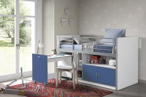 VIPACK Hochbett Bonny l Kinderbett mit Schreibtisch l 90 x 200 l Weiß Blau l Stauraumbett