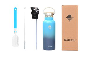 RAIKOU Trinkflasche 500ml Wasserflasche Thermoflasche mit 2 Deckel Seeblau/Dunkelblau