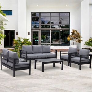 MeXo Gartenmöbelset, Loungeset Aluminium für 6-7 Personen mit Kissen und Couchtisch Indoor Outdoor Balkon schwarz (Sitzgruppe, Aluminiumrahmen)