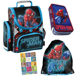Spiderman Schulranzen ergonomischer Ranzen Federmappe Turnbeutel Aufgabenheft für die Grundschule 4er Set Lizenzartikel Marvel Spiderman Spider-man Comics