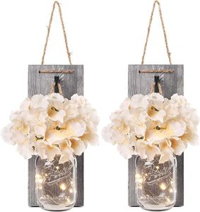 2 Stück Mason Jar LED Lichterketten,Wandleuchten Rustikale Wand Holz-Deko und Künstliche Blumen,Wandkerzenhalter LED Licht für Home Wohnzimmer Dekoration,Schlafzimmer,Glas Weihnachtsdeko