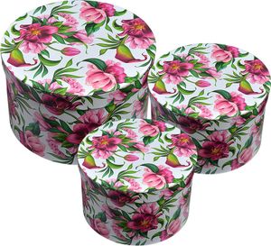 Clayre & Eef Aufbewahrungsbox 3er Set Ø 26x15 / Ø 22x15 / Ø 19x14 cm Rosa Karton Rund Blumen