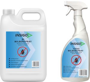 INSIGO 2L + 750ml Anti-Milbenspray, Mittel gegen Milben Milbenbefall Milbenfrei Schutz gegen Eier auf Wasserbasis, fleckenfrei, geruchlos, mit Schnell- & Langzeitwirkung frei EX