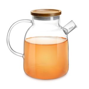 Impolio Glas Teekanne 1800ml mit Holzdeckel, Edelstahl-Filter und hitzebeständigem Griff - Modernes Design für Tee, Blumentee und Saft