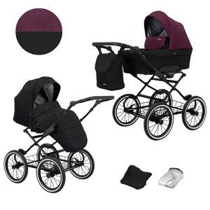 Kinderwagen ROMANTIC Sportwagen Babywagen Babyschale Komplettset Kinder Wagen Set 2 in 1 (schwarz + weinrot, Rahmenfarbe: schwarz)