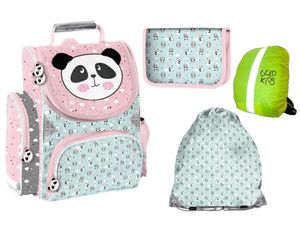 Panda Rucksack Ranzen gefüllt Federmappe Turnbeutel Regenschutz 4 Teile Set neu Mädchen Geschenk Einschulung 1. Klasse Grundschule