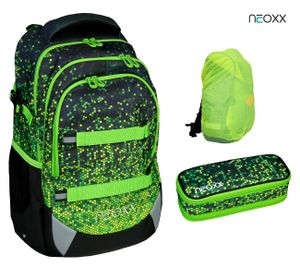 neoxx Active Schulrucksack Pixel 3tlg. Set mit Schlamper-Box und Regenschutz-Hülle | Rucksack für die Schule | ergonomischer Schulranzen aus recycelten PET Flaschen | Schultasche 5. bis 12. Klasse