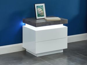 Nachttisch mit 2 Schubladen & LEDs - MDF lackiert - Weiß & Beton-Optik - HALO II